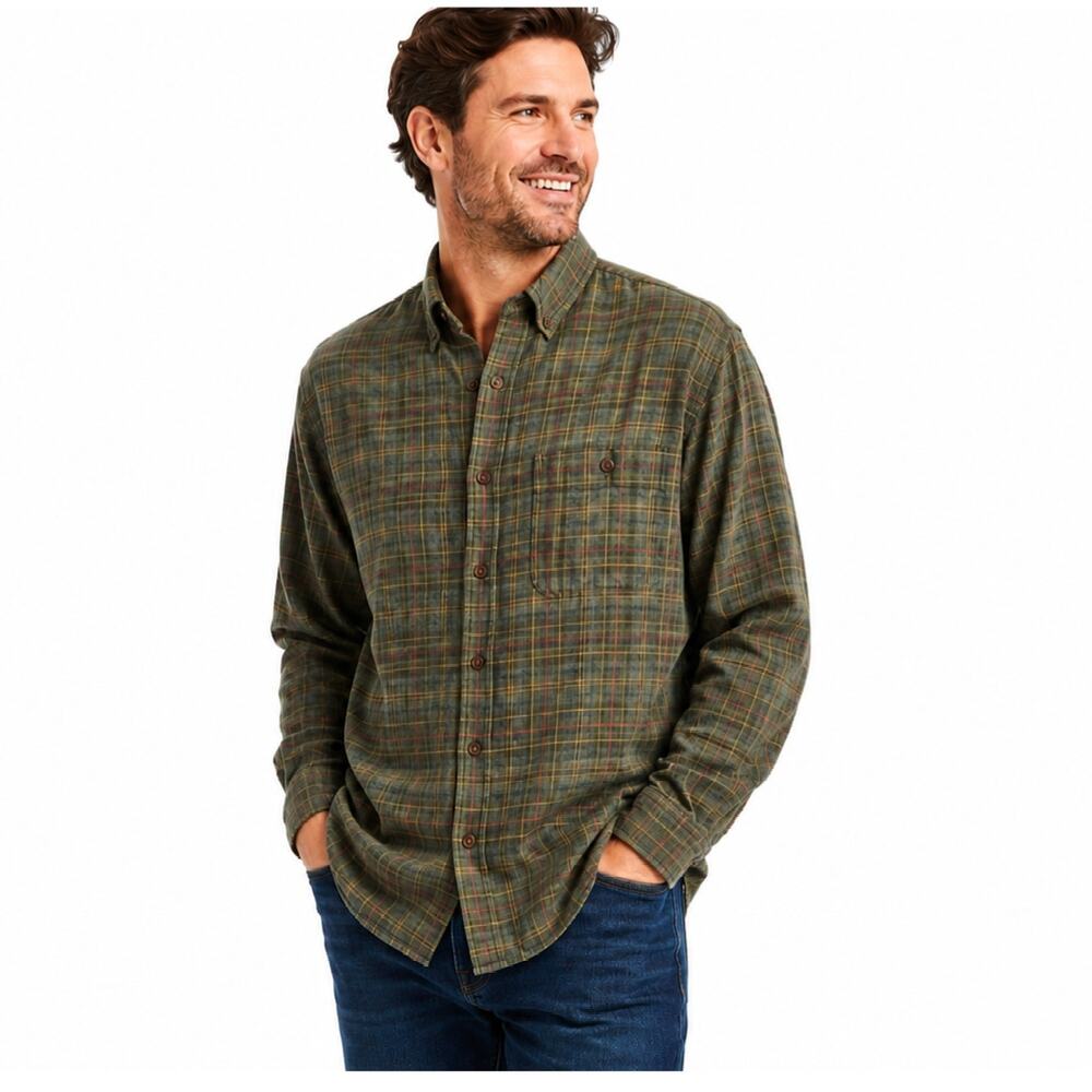 Woolrich Men’s XL Plaid Flannel Shirt Green Brown Cotton Long Sleeve Outdoor